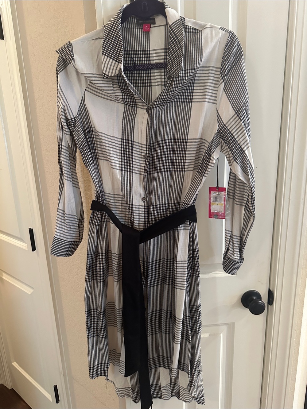 Vince Camuto Black and White Plaid Long-Sleeve Shirt Dress with Black Self Belt
